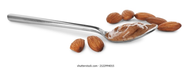 Spoon With Tasty Almond Butter Isolated On White