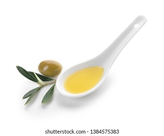 Spoon With Tasty Olive Oil On White Background