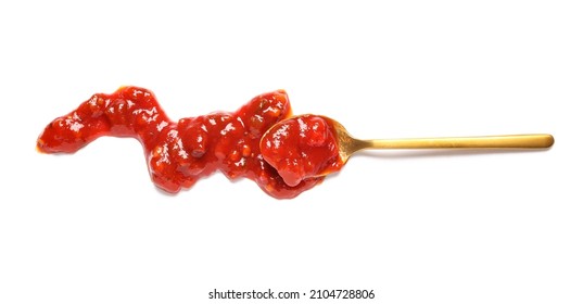 Spoon With Tasty Salsa Sauce On White Background