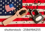 spoon with tea on the background of the US flag. Concept of Boston Tea Party in the USA
