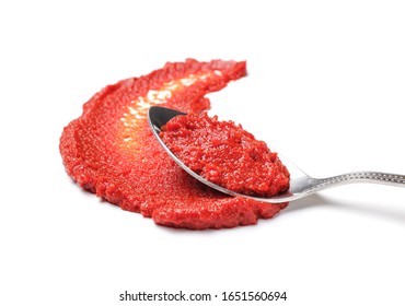 Spoon With Tomato Sauce On White Background