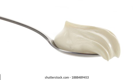 Spoon Of Whipped Mascarpone Cheese Cream Isolated On White Background