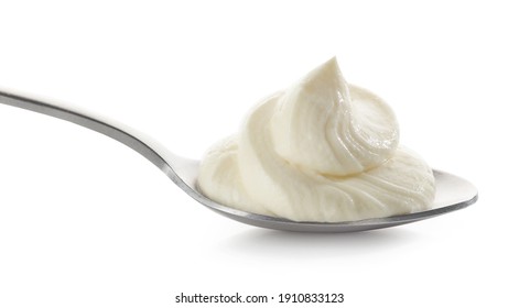 Spoon Of Whipped Mascarpone Cheese Cream Isolated On White Background