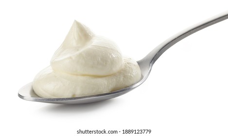 Spoon Of Whipped Mascarpone Cream Cheese Isolated On White Background