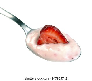 Spoon Of Yogurt With Strawberry On Top Isolated On White