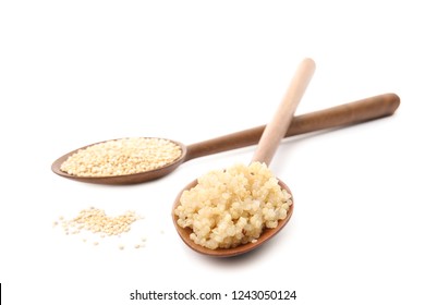 Spoons With Raw And Cooked Quinoa Isolated On White