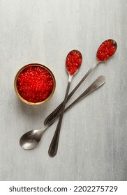 Spoons With Red Caviar, Imitation, On A White Background, No People,