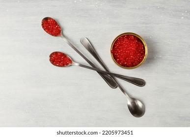 Spoons With Red Caviar, Imitation, On A White Background, No People,