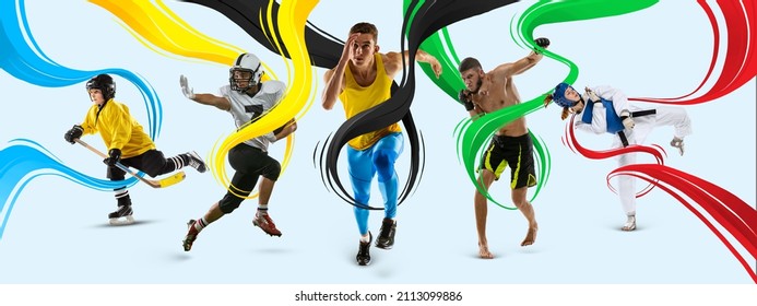 Sport achievements. Athletics, american football, socker and hockey. Sport collage. Professional sportsmen in action isolated on white background with colorful stripes, lines. Winter and summer sports - Powered by Shutterstock