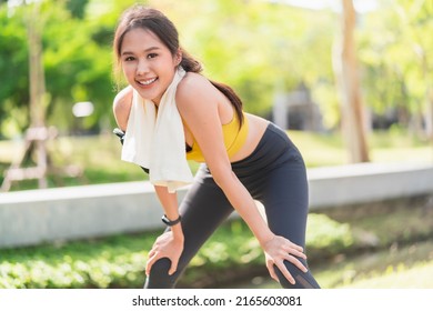 Sport Asian Female Teen Portrait Shot While Morning Running Jogging Healthy Routine Activity Sunnday At Public Park,asia Woman Wear Sport Wear Smile Look At Camera While Take A Break From Run Exercise