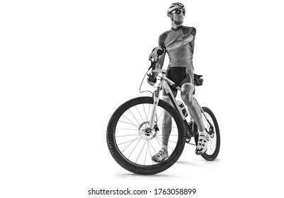 Sport. Athlete cyclists in silhouettes isolated on white background with shadow. Black and white image.