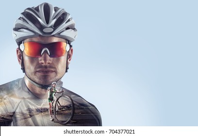 Sport Backgrounds. Heroic Cyclist Portrait. Mixed Media.