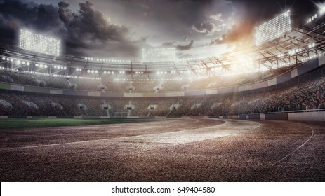 Sport Backgrounds.  Soccer stadium and running track. Dramatic scene.