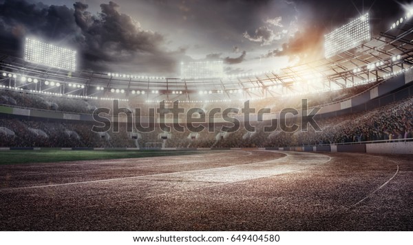 Sport Backgrounds.  Soccer stadium and running\
track. Dramatic scene.