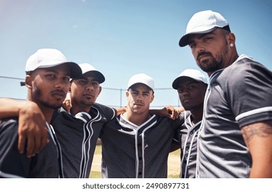 Sport, baseball and team huddle together for support, motivation and solidarity in portrait. Face, softball and group of men at field for game plan, diversity and cooperation at competition outdoor - Powered by Shutterstock