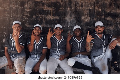 Sport, baseball or team portrait with rock on for support, diversity or encouragement for game. Community outreach, men or rest in dugout for inspiration, motivation or training program for growth - Powered by Shutterstock