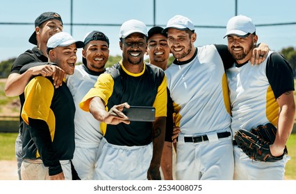 Sport, baseball and team with selfie on field for competition training, social media and professional match. Athlete friends, player and diversity group outdoor with photography for tournament memory - Powered by Shutterstock