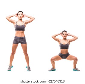 Sport beauty woman do fitness exercises on white background. Woman demonstrate begin and end of exercises.