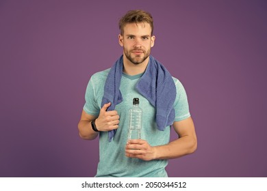 Sport For Better Life. Thirsty Man. Athlete Hold Bottle. Body Hydration. Refreshing Vitamin Drink After Great Workout. Man Athletic Hold Water Bottle. Handsome Athlete Drink Water. Water Balance