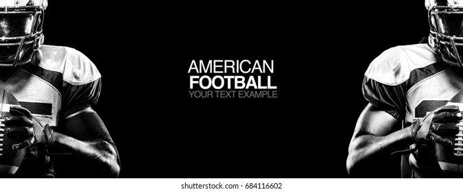 Спортивная концепция. Игрок американского футбола на черном фоне с копировальным пространством. Спортивная концепция.