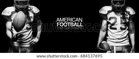 Sport betting concept. American football sportsman player on black background with copy space. Design for a bookmaker. Download horizontal banner for sports website or mobile application