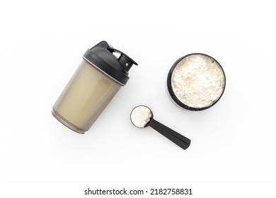 Sport Bottle With Protein Shake And Whey Protein Powder. Sport Food Supplement