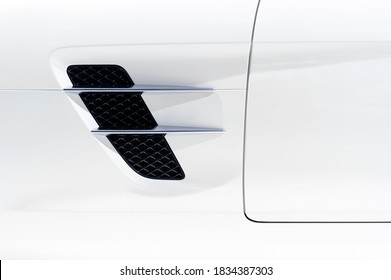 Sport Car Bodywork, Detail Of White Racing Vehicle With Air Intake, Automobile Industry