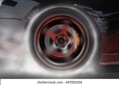 Sport Car Burning Rear Tire To Heat Up Rubber For Good Traction Before Start To Race.