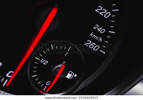 Sport car speedometer with red indicator close-up\
view, high speed concept