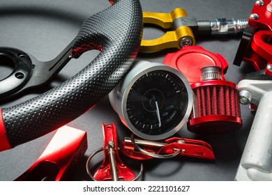 Sport car tuning equipment and accessories top view concept background. - Shutterstock ID 2221101627