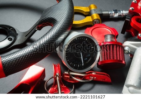 Sport car tuning equipment and accessories top view concept background.