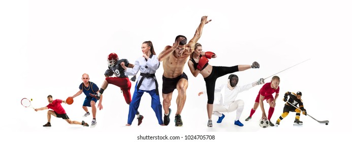 Sport collage about boxing, soccer, american football, basketball, ice hockey, fencing, jogging, taekwondo, tennis. The fit men and women. Caucasian active athletes isolated on white background