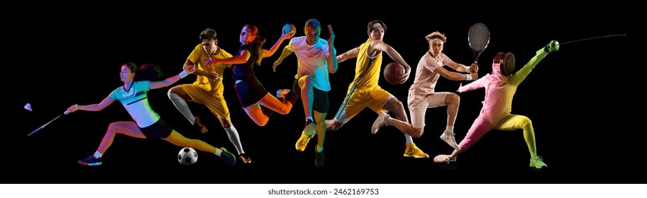 Sport collage. Athletic people, featuring basketball, tennis, and cycling against black background. Strength and power. Concept of healthy lifestyle, professional sport, team, fitness. Ad - Powered by Shutterstock