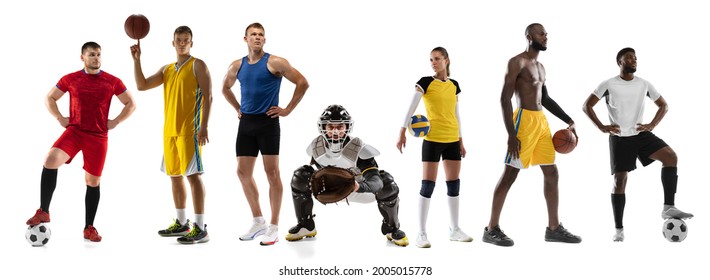 Sport collage. Baseball, football, basketball and volleyball players posing isolated over white studio background. Male and female athletes in professional sports uniform. Concept of active games - Powered by Shutterstock