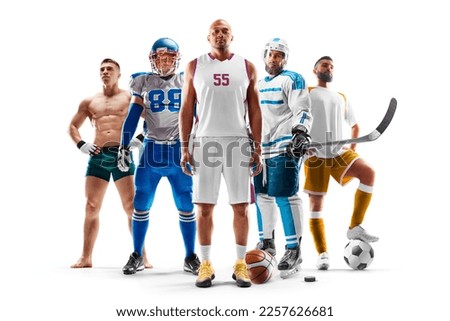 Sport collage. Basketball, american football, hockey, MMA, soccer. Professional athletes. Isolated in white