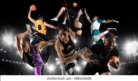 Sport collage. Basketball player, figure skating, rugby, athletic, volleyball. Sports banner 