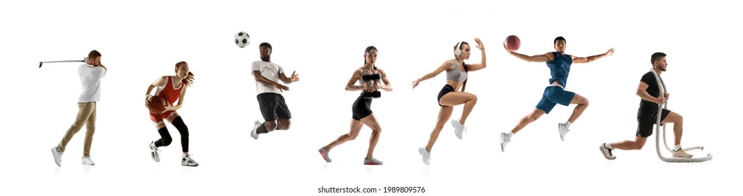 Sport Collage. Basketball, Soccer Football, Golf Players In Motion Isolated On White Studio Background. Fit African,caucasian People Jumping. Flyer For Ad.