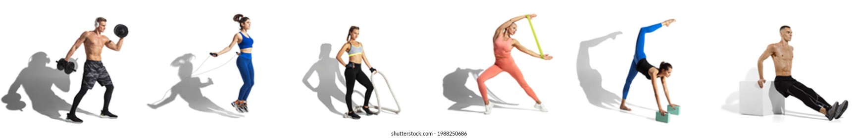 Sport Collage Of Different Young Fit Man And Woman In Action And Motion Over White Studio Background. Flyer. Concept Of Fitness, Healthy Lifestyle And Beautiful Body Of People At Gym