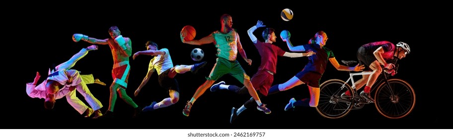 Sport collage. Energetic athletes from diverse sports leap and compete, shows spectrum of activities against black background. Concept of healthy lifestyle, professional sport, team, fitness. Ad - Powered by Shutterstock