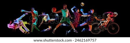Sport collage. Energetic athletes from diverse sports leap and compete, shows spectrum of activities against black background. Concept of healthy lifestyle, professional sport, team, fitness. Ad