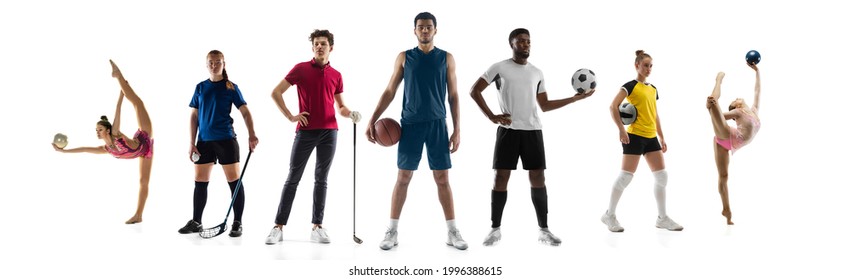 Sport collage. Gimnastics, basketball, soccer football, golf, voleyball, floorball players posing isolated on white studio background. Fit african and caucasian woman and man standing as team.