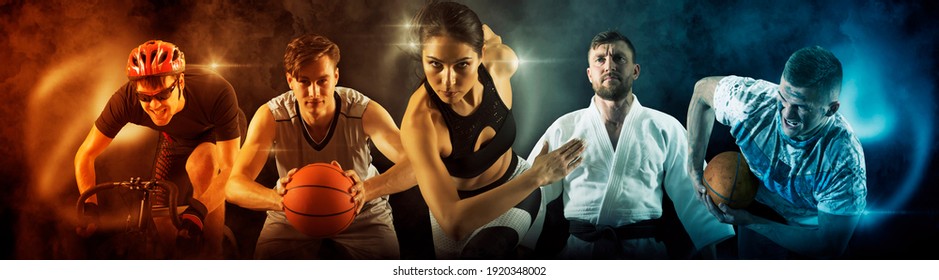 Sport collage. Judo, cycling, running, rugby, basketball and boxing players. Fit woman and men standing on black background - Powered by Shutterstock