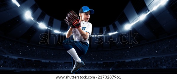 Sport collage with little boy, beginner baseball
player with baseball glove and ball in action during match in
crowded sport stadium at evening time. Sport, win, competition and
ad concept.