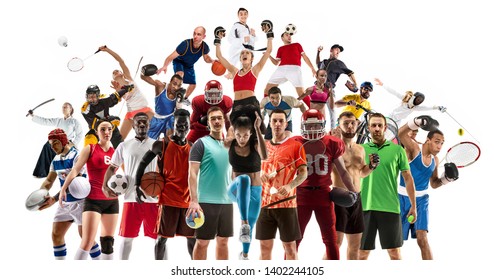 Sport collage made of different photos of 20 models. Tennis, running, badminton, soccer and american football, basketball, handball, volleyball, boxing, MMA fighter and rugby players. - Powered by Shutterstock