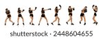 Sport collage made of dynamic photos of young athlete woman athletic female MMA fighter training against white background. Boxing. Concept of sport, competition, action, healthy lifestyle.