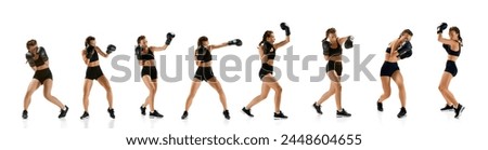 Sport collage made of dynamic photos of young athlete woman athletic female MMA fighter training against white background. Boxing. Concept of sport, competition, action, healthy lifestyle.