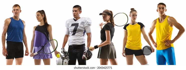 Sport collage. Male and female athletes, tennis, volleyball, american football, running players posing isolated on white studio background. Concept of team sport game, goals, medals, achievemnets. - Powered by Shutterstock