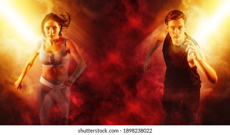 Sport collage. Man and woman on smoke background. Sports banner 