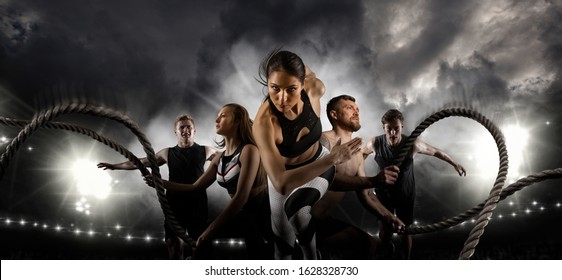 Sport collage. Men and woman running on smoke background. Sports banner. Horizontal copy space background - Powered by Shutterstock