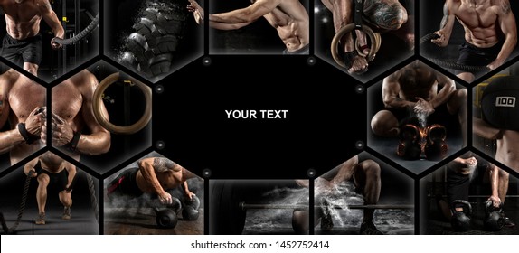 Sport collage. Muscular male athlete. Man exercising at the gym. Concept of fitness, motion, sport, bodybuilding